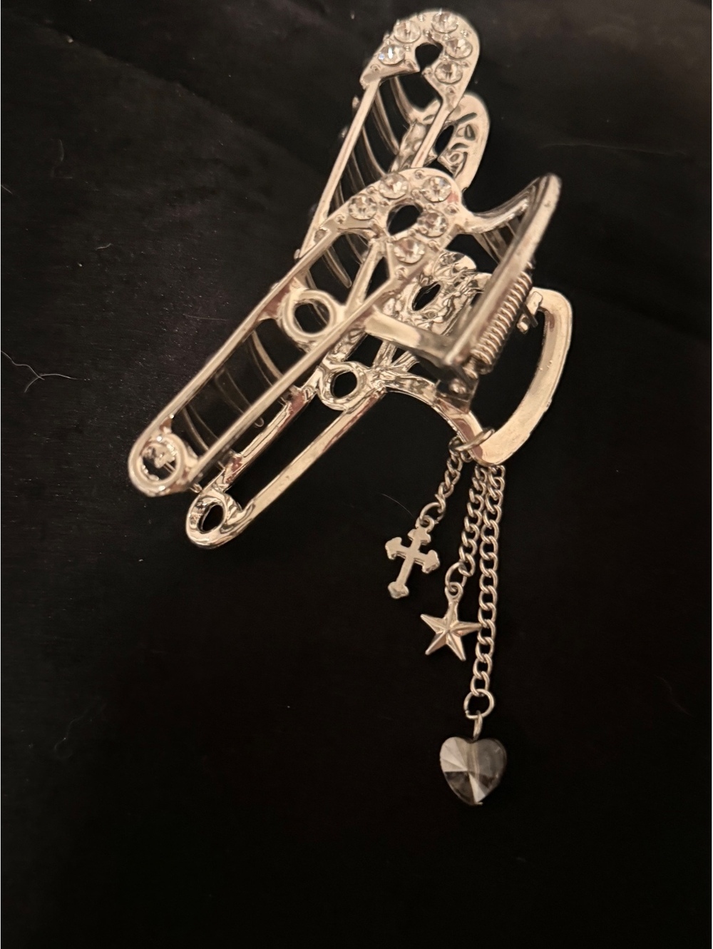 Hot Topic Silver Rhinestone Safety Pin Hair Clip with Dangling Charms